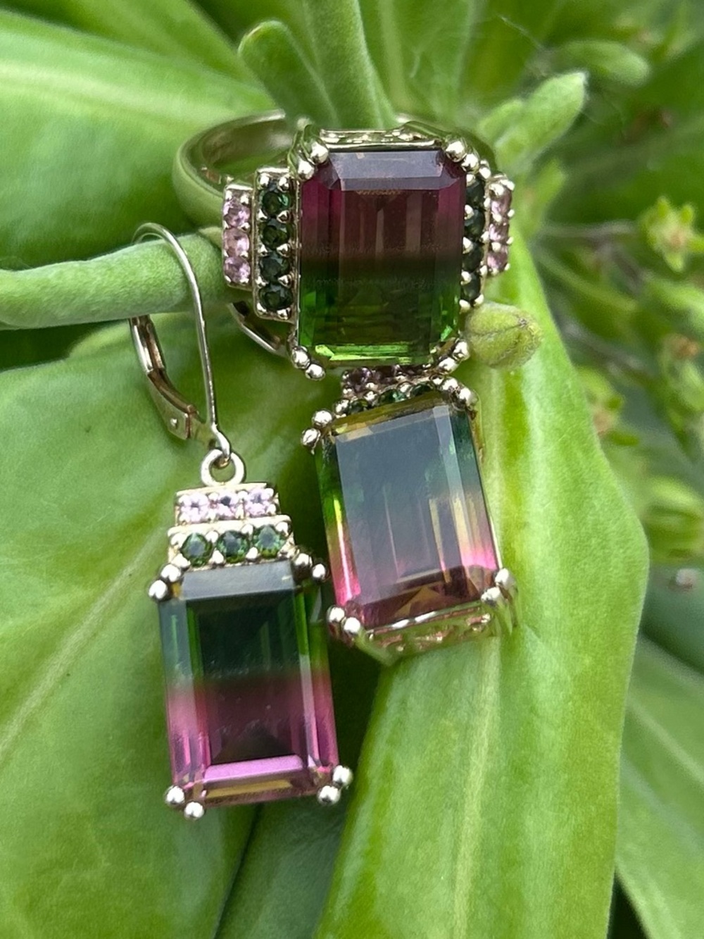 Bundle Gold over sterling silver lab created watermelon tourmaline earring ring